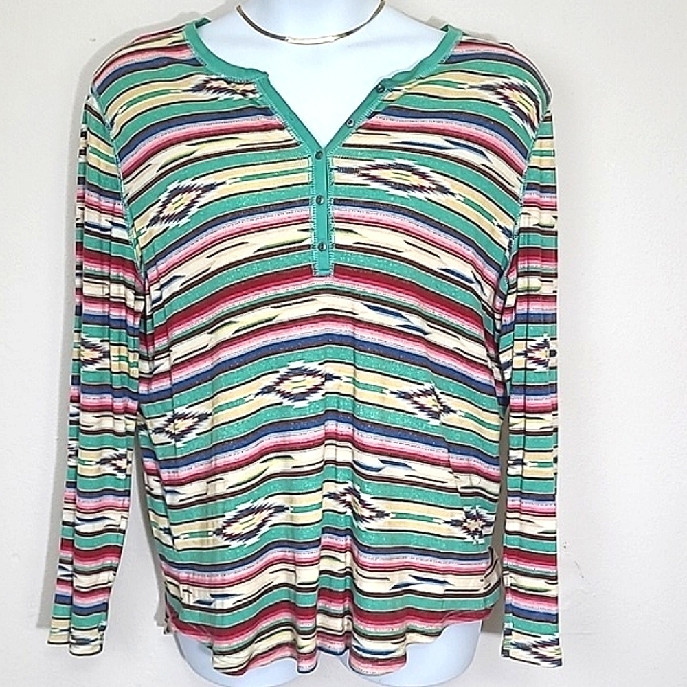 Chaps t shirt long sleeve size 2X stripes ikat print Western Southwest